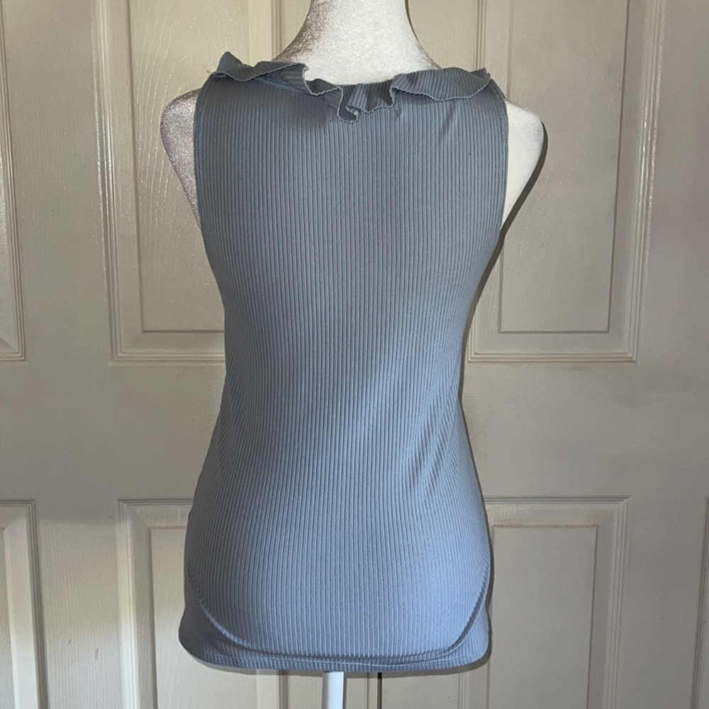 Reformation Blue Ribbed Ruffled Neckline Tank Top - Picture 3 of 7